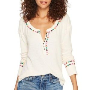 Free People Ivory Rainbow Thermal Henley Top Shirt